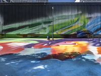 a colorful painted mural next to tall buildings and a bench in front of it at a sidewalk