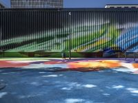 a colorful painted mural next to tall buildings and a bench in front of it at a sidewalk