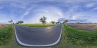 an image of a 360 - angle view of the country road taken from a fish eye lens