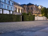 two street lamps at night in front of a building with some bushes and bushes on the curb