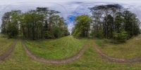 three large spherical pictures with different trees in the background and a dirt road on the other side