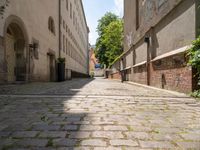 empty cobblestones with no one going down the street in a small town area