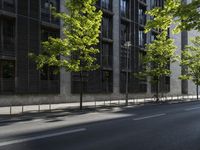 the road is empty near some buildings and trees that are lined with metal barriers on both sides