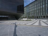 a shadow of a person is seen on the ground in front of a building with geometric patterns