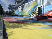 the entrance of a graffiti covered warehouse building with a skate ramp painted on it, there are other buildings in the background