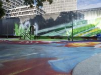 a kid rides a skateboard across a colorful field of paint in front of a building