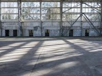 the view of a empty room with large windows and walls, with a few dogs, in it