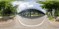 an overpass is shown through two fisheyes in this mirror image with the street and trees surrounding