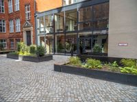 an empty parking lot with plants in the ground and on the side of the building, there is an enclosed area and windows