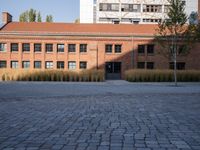 a paved parking lot in front of two buildings with red brick roofs on either side and tall grass growing in the middle
