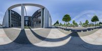 three panoramic views of a building from the outside down in the sun with a red fire hydrant nearby