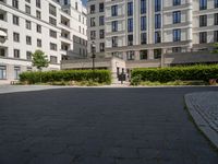 a small paved courtyard in front of some white buildings with green hedges and trees on both sides