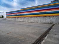 an empty parking lot painted brightly stripes on the wall of the building and sky as well as stones