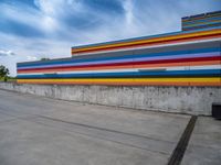 an empty parking lot painted brightly stripes on the wall of the building and sky as well as stones