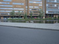 a paved street in front of a tall building and a body of water and trees