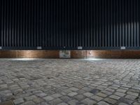 a fire hydrant sits on a brick pavement next to a building with large black corrugateds