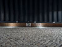 a fire hydrant sits on a brick pavement next to a building with large black corrugateds