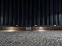 a fire hydrant sits on a brick pavement next to a building with large black corrugateds