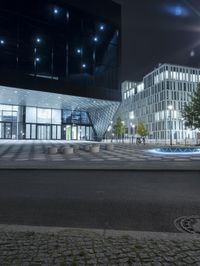 this is an image of the outside view of a building at night / night time