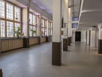 an office lobby is shown with high windows and long walls are illuminated by light, and