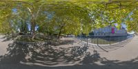 a 360 - view of an outdoor park with trees and plants that is in the grass