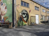 a street with painted buildings and a bird in the middle of it's face