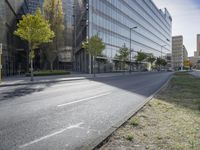 empty street with many tall buildings and trees in front of the street and on opposite sides of the road