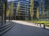 empty stone steps lead to a modern glassy office building and sidewalked area, which is lined with trees and grass