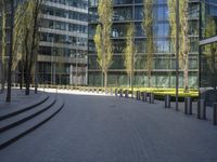 a walkway in front of large glass buildings with trees growing outside the plaza at the bottom