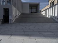 a stone walkway and staircases lead into a building with a door and windows in front