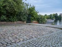 an empty cobble floor with trees and grass around it on the banks of a river