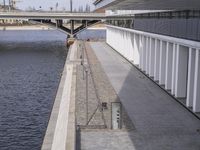 a long pier with a train crossing over it and a body of water behind it