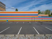 an empty parking lot painted brightly stripes on the wall of the building and sky as well as stones