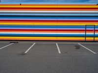 an empty parking lot painted brightly stripes on the wall of the building and sky as well as stones