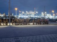 a night scene with an oil refinery in the distance with some trees around it and lights