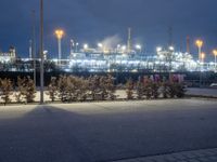 a night scene with an oil refinery in the distance with some trees around it and lights