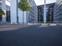 the modern building has an entrance and glass facade, along with bench seating, trees, and a street with lots of windows