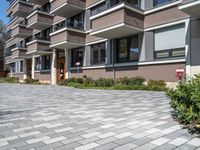 the apartment complex has large stones on the pavement and green plants growing by the building entrance