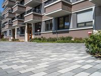 the apartment complex has large stones on the pavement and green plants growing by the building entrance