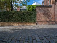 a long empty brick street with tall buildings in the background on a sunny day with some people walking around