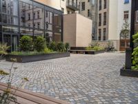 an empty parking lot with plants in the ground and on the side of the building, there is an enclosed area and windows