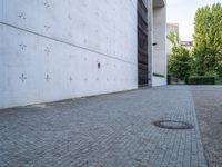 an empty paved area near a very large building with a small round metal door and two trees