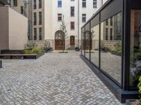 an empty parking lot with plants in the ground and on the side of the building, there is an enclosed area and windows