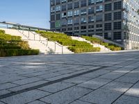 a large building with steps, trees and shrubs in the courtyard of a large urban park