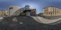 an outdoor view of some very nice buildings from the ground level at the time of this picture