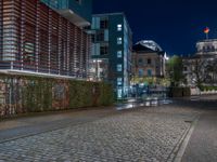 a street with buildings and lights on the side in the dark night time with a cobblestone road with cobblestones in front