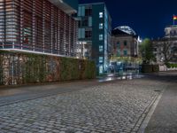 a street with buildings and lights on the side in the dark night time with a cobblestone road with cobblestones in front