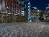 a street with buildings and lights on the side in the dark night time with a cobblestone road with cobblestones in front