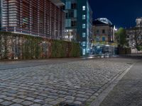 a street with buildings and lights on the side in the dark night time with a cobblestone road with cobblestones in front