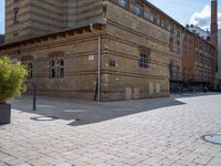 a corner with two trees on the side and a man standing on the sidewalk in front of it